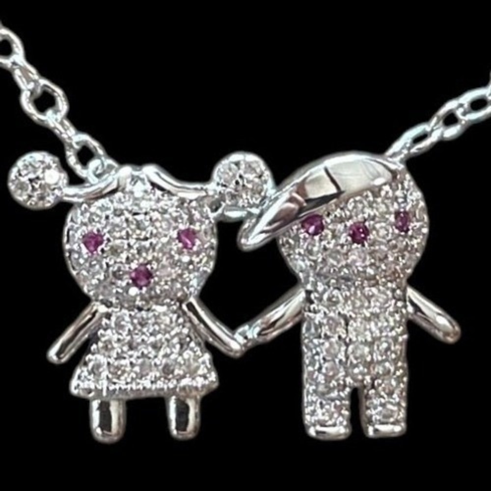 Sterling Silver 0.51 ct GRA Moissanite Boy & Girl Pendant Necklace Pave' Set
